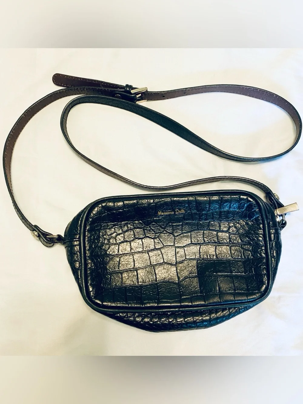 VTG 90s Massimo Dutti Croc Embossed Leather Crossbody Bag Purse Black EUC Spain
